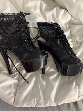 Black Lace Platform Stiletto Ankle Boots with Lace-Up Front